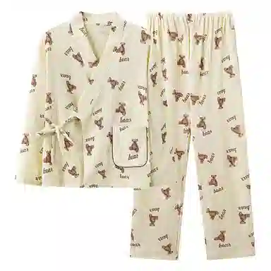 莫代尔 纯色时尚满印小熊印花舒适纱布长袖上衣松紧带双口袋长裤可外穿少女睡衣套装 女款 杏色