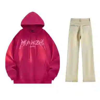 棉致 美式高街闪电字母印花宽松休闲百搭套头落肩长袖上衣水洗做旧微喇牛仔裤连帽卫衣套装 男女同款