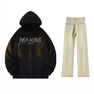 棉致 美式高街闪电字母印花宽松休闲百搭套头落肩长袖上衣水洗做旧微喇牛仔裤连帽卫衣套装 男女同款