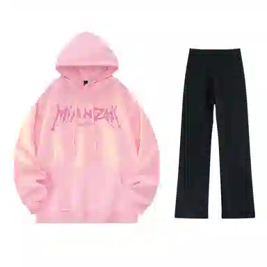 棉致 美式高街闪电字母印花宽松休闲百搭套头落肩长袖上衣水洗做旧微喇牛仔裤连帽卫衣套装 男女同款