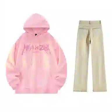 棉致 美式高街闪电字母印花宽松休闲百搭套头落肩长袖上衣水洗做旧微喇牛仔裤连帽卫衣套装 男女同款