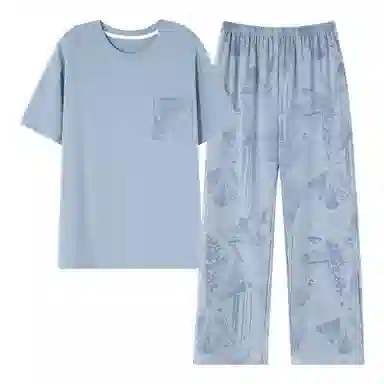 莫代尔 柔软舒适亲肤透气微弹耐磨吸湿排汗短袖松紧裤腰不勒腹长裤可居家休闲可外穿睡衣套装 男款 粉蓝色