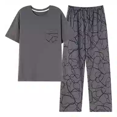 莫代尔 舒适亲肤柔软透气微弹耐磨圆领短袖松紧裤腰不勒腹长裤可居家休闲可外穿睡衣套装 男款 灰色