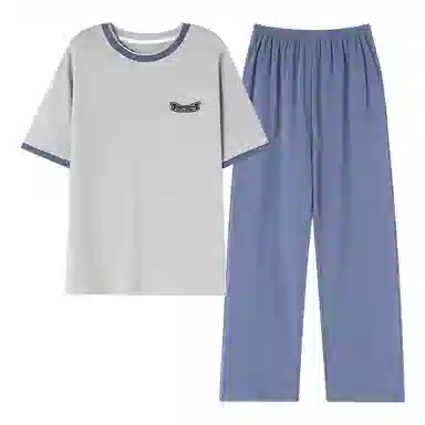 莫代尔 柔软舒适亲肤微弹透气耐磨吸湿排汗短袖松紧裤腰不勒腹长裤可居家休闲可外穿睡衣套装 男款 银色