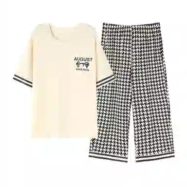 莫代尔 舒适亲肤细腻柔软透气微弹耐磨吸湿排汗短袖弹力裤腰不勒腹七分裤休闲可外穿睡衣套装 女款 杏色