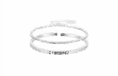 牧言 复古新中式简约小众设计高级感 光面立体纤细碎石岁岁平安镭射爆闪冰纹双层叠戴手饰  合金 碎银子碎冰冰手镯套装 女款