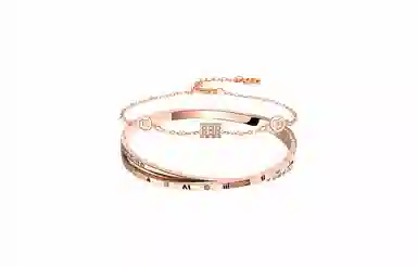 牧言 气质简约小众设计高级感 光面立体闪耀小蛮腰镂空铜钱手链交织素圈双层手饰 钛钢 罗马数字叠戴手镯 女款