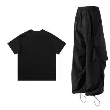 星际者 简约纯色短袖上衣工装裤情侣休闲运动套装 男女同款