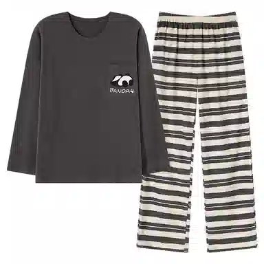 莫代尔 条纹舒适亲肤长袖长裤家居服睡衣套装 女款 深灰色