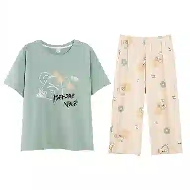歌倩雅 纯棉短袖七分裤高级感加大码家居服睡衣套装 女款 图色