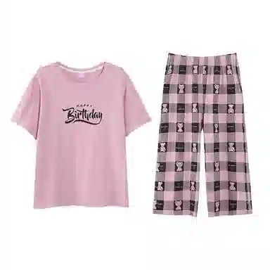 歌倩雅 纯棉短袖七分裤韩版休闲可外穿简约家居服睡衣套装 女款 粉色