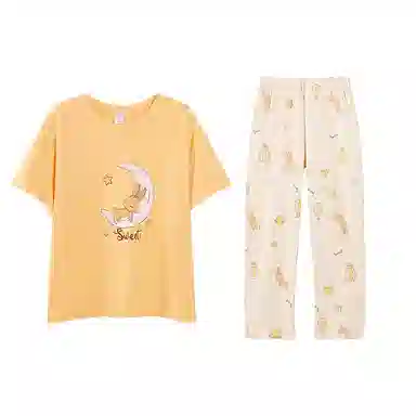 歌倩雅 舒适透气纯色休闲短袖长裤睡衣套装 女款 黄色