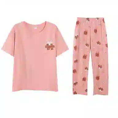 歌倩雅 短袖长裤圆领套头春夏睡衣套装 女款 图片色