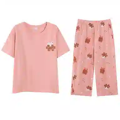 歌倩雅 卡通版休闲舒适亲肤短袖七分裤睡衣套装 女款 豆沙色