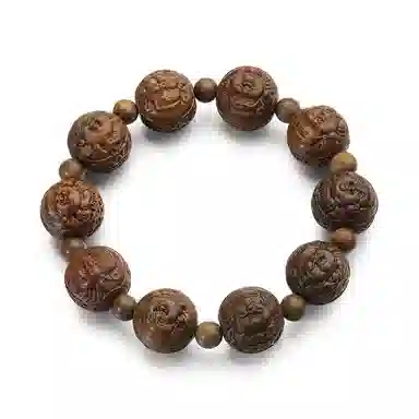 周帝王 国潮招财纳福精工雕刻弥勒佛文玩盘串单圈 转运暴富新中式国风小众设计 绿檀 木作手串 男女同款情侣款 绿檀