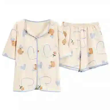 花蔓色 薄款休闲带胸垫家居服防凸点短袖三分裤睡衣套装 女款