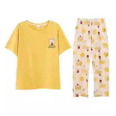 歌倩雅 舒适休闲简约短袖长裤睡衣套装 女款 黄色