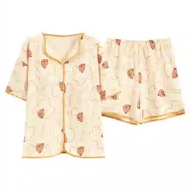 花蔓色 薄款休闲带胸垫家居服防凸点短袖三分裤睡衣套装 女款