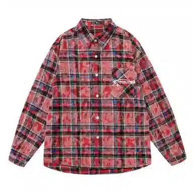 三体 你们都是虫子系列 简约基础款撞色字母印花美式复古格子休闲宽松百搭翻领高街潮牌学生多巴胺多彩格纹长袖衬衫 男女同款