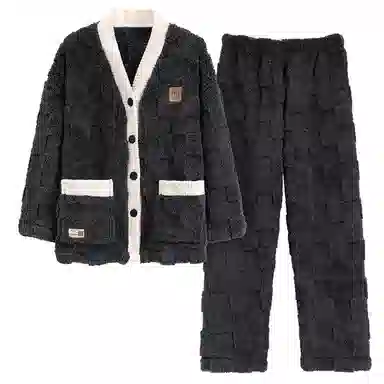 莫代尔 加厚舒软保暖亲肤开衫长袖长裤不勒腹可居家休闲可外穿睡衣套装 女款 黑色