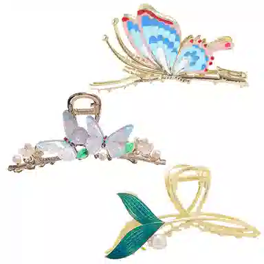 妖娆猫 新中式古风优雅彩绘蝴蝶大号  夏季后脑勺发饰 高级感 发头饰鲨鱼夹 发夹 女款