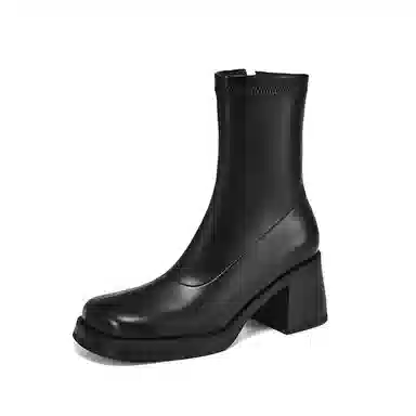 时尚复古小众弹力厚底方头漆皮粗跟显瘦 短靴 女款