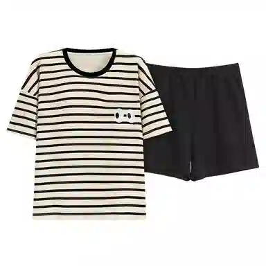 莫代尔 薄款抗菌防螨带胸垫防凸点条纹可外穿简约休闲睡衣套装 女款 杏色