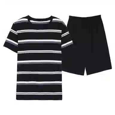 歌倩雅 简约亲肤舒适条纹短圆领套头袖休闲可外穿五分裤睡衣套装 男款 黑色