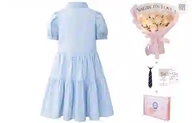 东鲸岁时记 学院风夏日多巴胺初恋清纯奶甜尖领女装字母刺绣宽松显瘦泡泡袖短袖连衣裙 女款 礼盒装 蓝色北海道牛乳