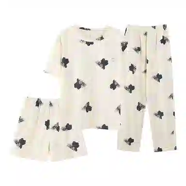 花季的故事 透气圆领短袖上衣舒适中腰长裤薄款短裤三件套睡衣套装 女款 杏色