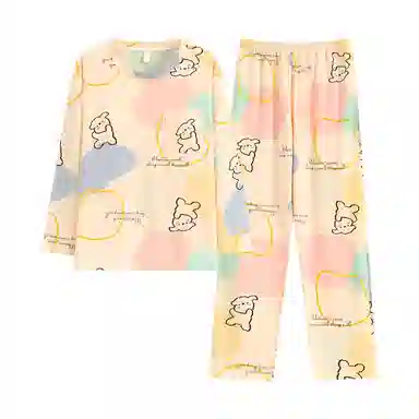 莫代尔 柔软舒适细腻微弹带胸垫防凸点透气吸湿亲肤耐磨长袖长裤不勒腹可居家休闲可外穿睡衣套装 女款 杏色