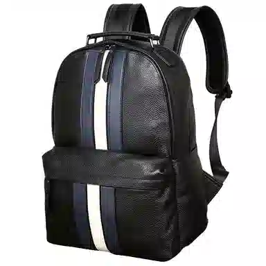 老人头 经典欧美风蓝白条纹大容量出差旅游 牛皮 双肩包 常规 男款 黑色