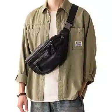 后步 小众设计感简约百搭休闲通勤运动个性日常轻便 真皮头层牛皮水洗皮软皮 斜挎包胸包 中号 男款 黑色