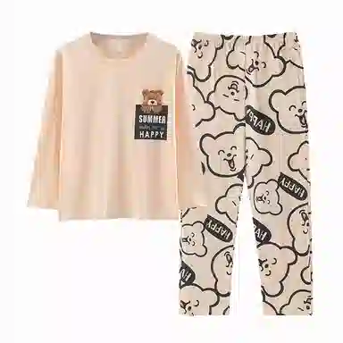 莫代尔 舒适柔软微弹透气吸湿亲肤耐磨长袖长裤不勒腹可居家休闲可外穿睡衣套装 女款 杏色