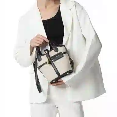 莫西里里 拼色拉链开合 帆布 水桶包菜篮子包手提单肩斜挎包 小号 女款 白色/黑色