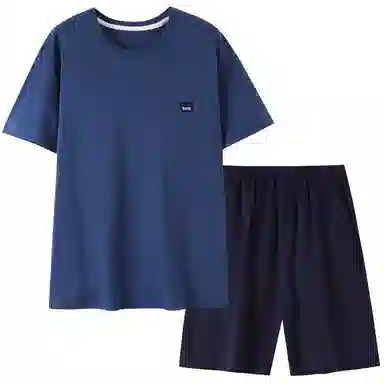 歌倩雅 简约亲肤舒适圆领套头短袖休闲可外穿五分裤睡衣套装 男款 深蓝色