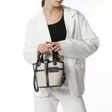 莫西里里 拼色拉链开合 帆布 水桶包菜篮子包手提单肩斜挎包 小号 女款 白色/黑色