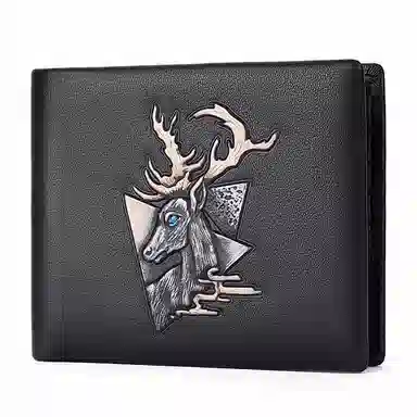 老人头 百搭鹿头浮雕高级感 头层牛皮 钱包 男款 黑色