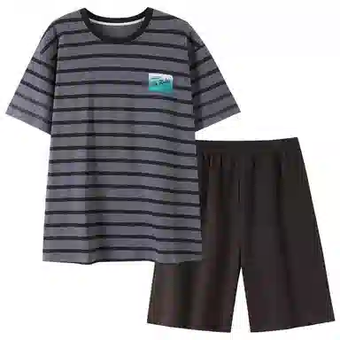 歌倩雅 舒适条纹运动风圆领短袖五分裤睡衣套装 男款 灰色