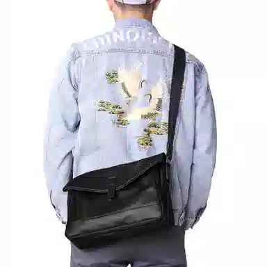 老人头 商务磁扣开合休闲 牛皮 单肩包 男款 黑色