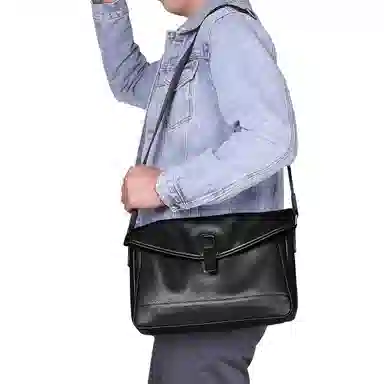 老人头 商务磁扣开合休闲 牛皮 单肩包 男款 黑色