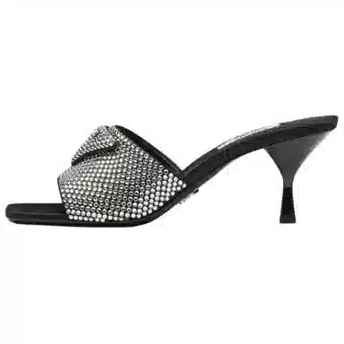 Prada Crystal Satin Wedge Sandals Black