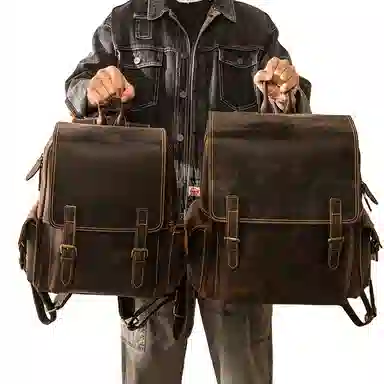 后步 设计时尚复古大容量百搭通勤休闲个性 头层牛皮 双肩电脑旅行背包 男女同款情侣款 深棕色