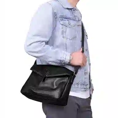 老人头 商务磁扣开合休闲 牛皮 单肩包 男款 黑色