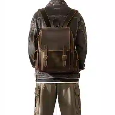 后步 设计时尚复古大容量百搭通勤休闲个性 头层牛皮 双肩电脑旅行背包 男女同款情侣款 深棕色