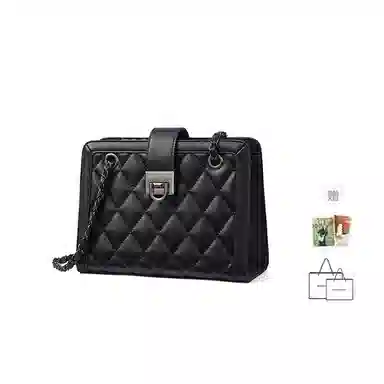 红蜻蜓 轻奢小众设计小香风高级感菱格金属双链条 牛皮 单肩包腋下包斜挎包 常规 女款 黑色