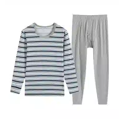 贴身领域 纯棉青少年秋衣条纹薄款可外穿长袖长裤内衣保暖套装 男款