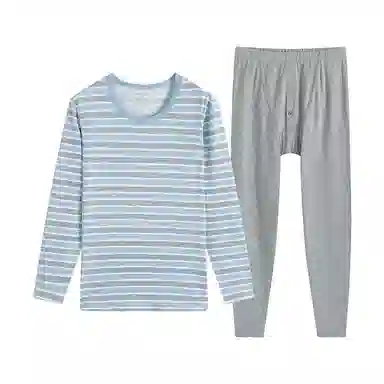 贴身领域 纯棉青少年秋衣条纹薄款可外穿长袖长裤内衣保暖套装 男款
