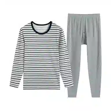 贴身领域 纯棉青少年秋衣条纹薄款可外穿长袖长裤内衣保暖套装 男款
