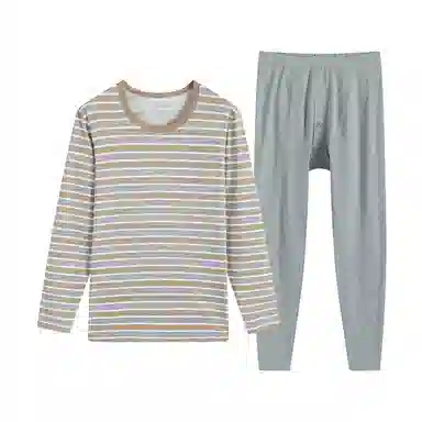 贴身领域 纯棉青少年秋衣条纹薄款可外穿长袖长裤内衣保暖套装 男款